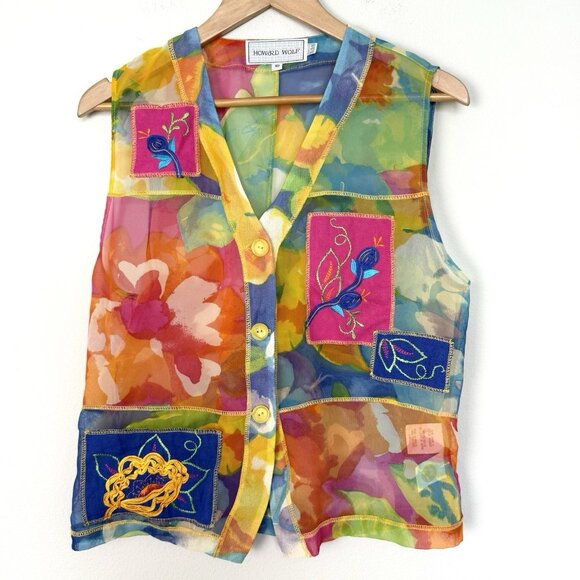 Vintage 80s Howard Wolf Sheer Colorful Vest Womens Medium Artsy Embroidered - Picture 1 of 8